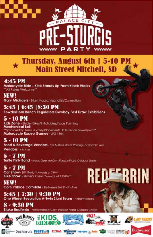 Motorcycles gathered at Palace City Pre-Sturgis Party in Mitchell, South Dakota.