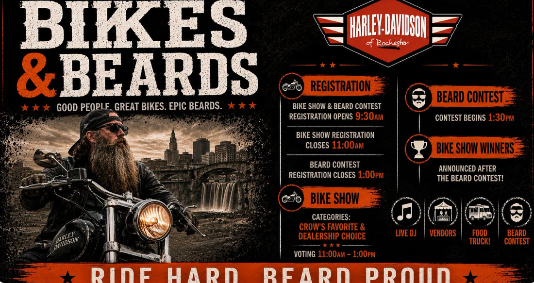 Custom motorcycles and riders gathered for Bikes & Beards at Harley-Davidson of Rochester in Rochester, New Hampshire.