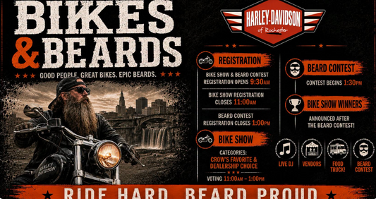 Custom motorcycles and riders gathered for Bikes & Beards at Harley-Davidson of Rochester in Rochester, New Hampshire.