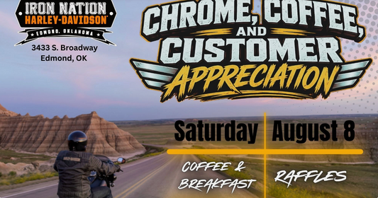 Motorcycles and riders gathered for Chrome, Coffee & Customer Appreciation at Harley-Davidson World in Edmond, Oklahoma.