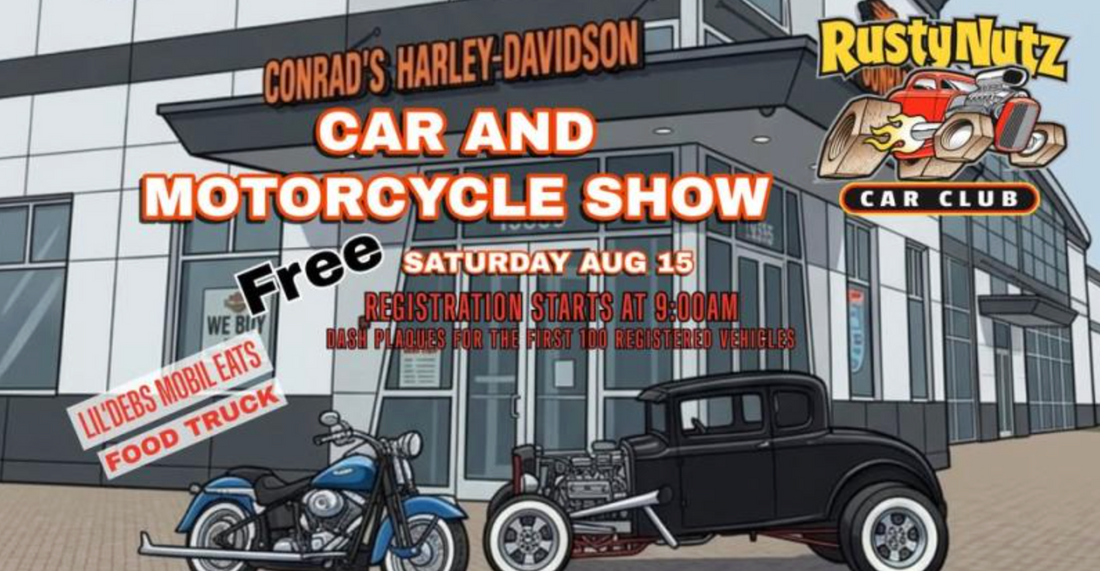 Classic cars and custom motorcycles on display at Conrad's Harley-Davidson Car and Motorcycle Show in Shorewood, Illinois.