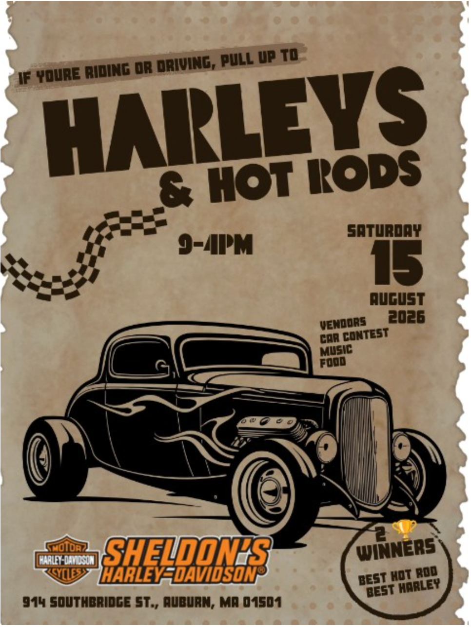 Classic hot rods and custom motorcycles on display at Harley's and Hotrods at Sheldon's Harley-Davidson in Auburn, Massachusetts.