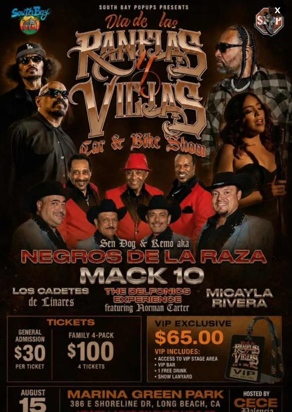 Custom lowrider cars, motorcycles, and bicycles on display at Dia de las Ranflas y Viclas Car and Bike Show 2026 in Long Beach, California.