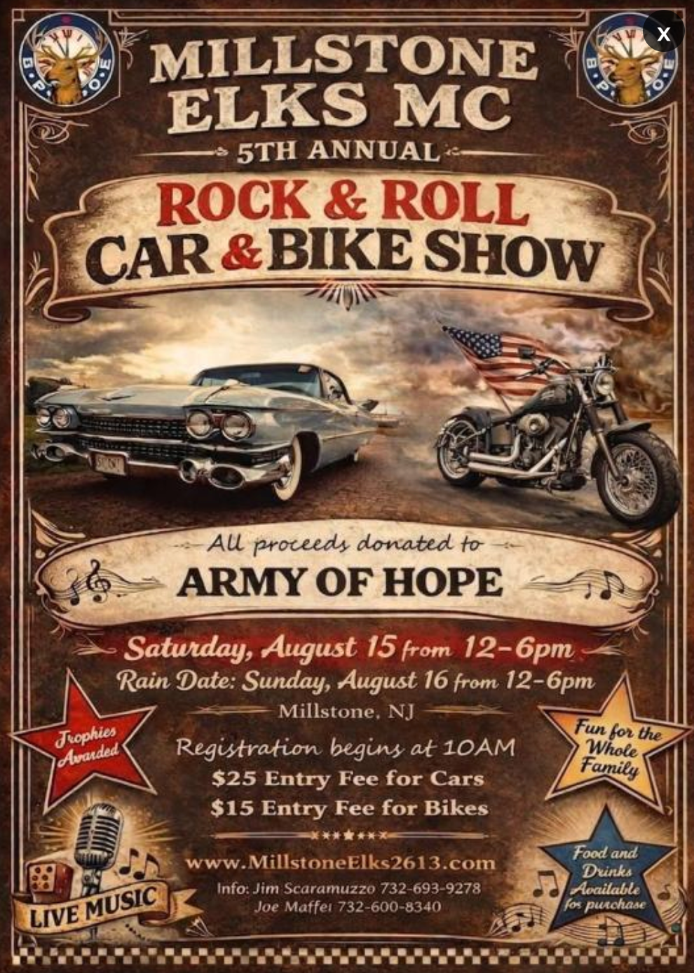 Classic cars and custom motorcycles on display at the Millstone Elks Rock & Roll Car & Bike Show in Clarksburg, New Jersey.