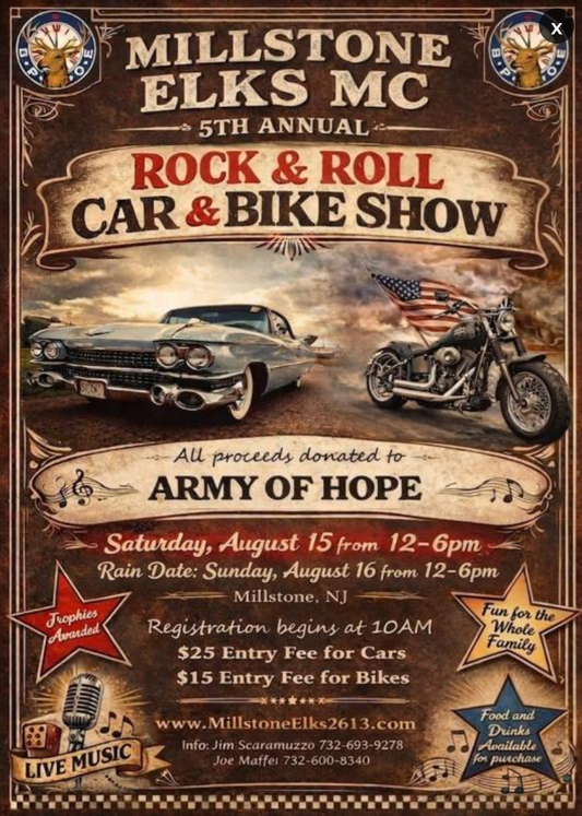 Classic cars and custom motorcycles on display at the Millstone Elks Rock & Roll Car & Bike Show in Clarksburg, New Jersey.