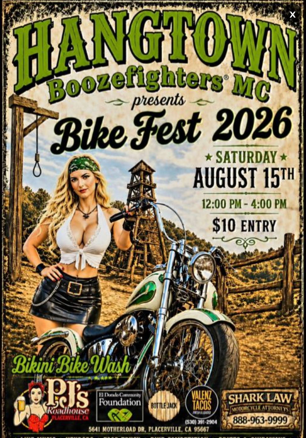  Motorcycles gathered outside PJ's Roadhouse during the Hangtown Boozefighters Annual Bike Fest 2026 in Placerville, California.