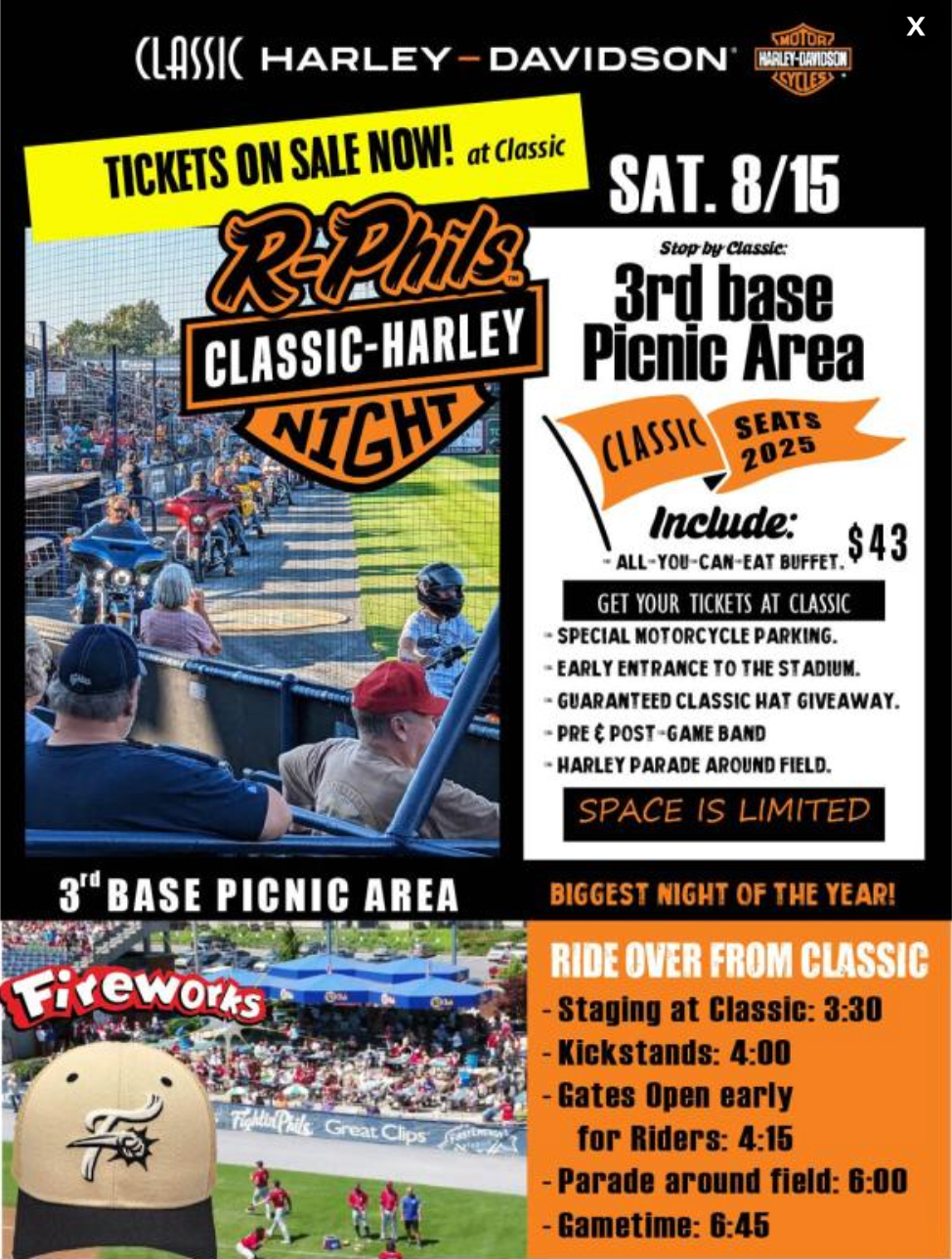 Motorcyclists gathering at Classic Harley-Davidson before Harley Night at the R-Phils in Leesport, Pennsylvania.
