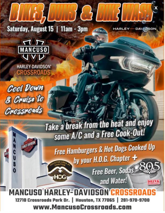 Motorcycles lined up for Bike, Buns, & Bike Wash at Mancuso Harley-Davidson Crossroads in Houston, Texas.
