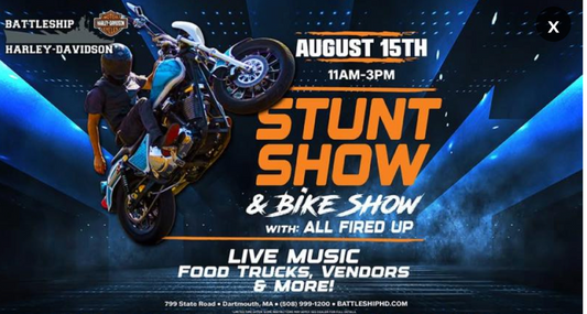 Professional stunt riders and custom motorcycles at the Stunt Show & Bike Show with: All Fired Up at Battleship Harley-Davidson in Dartmouth, Massachusetts.