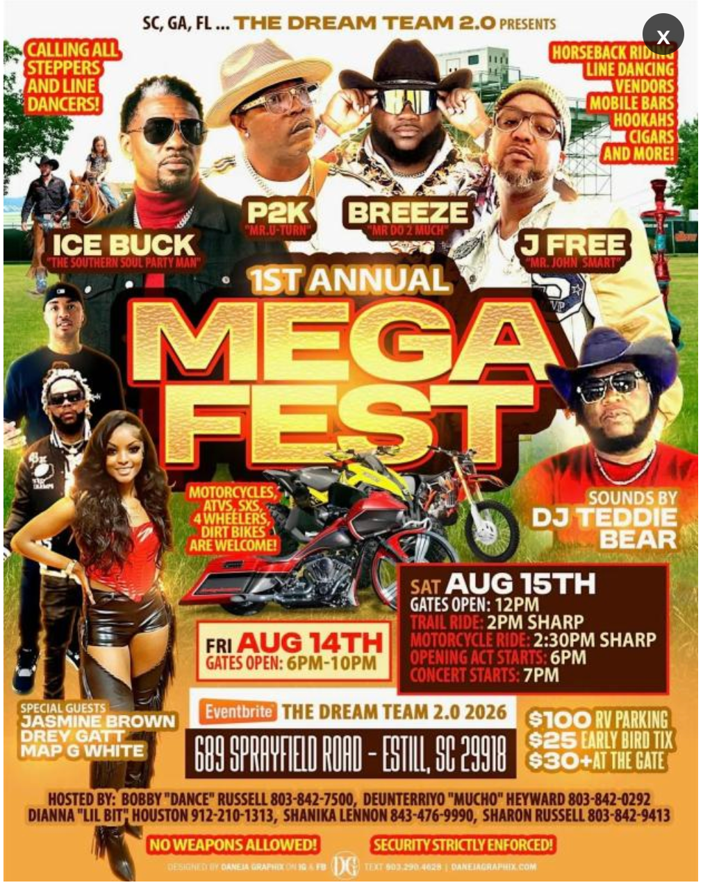Custom motorcycles and show vehicles at Mega Fest 2026 in Estill, South Carolina.