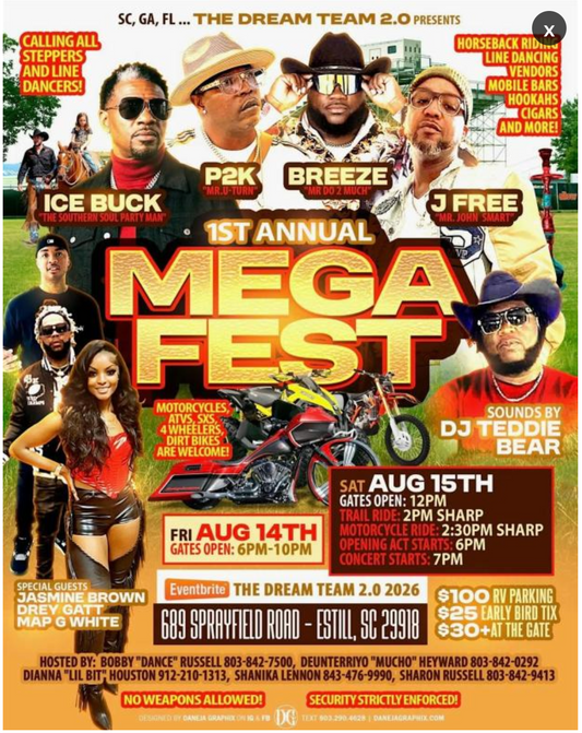 Custom motorcycles and show vehicles at Mega Fest 2026 in Estill, South Carolina.