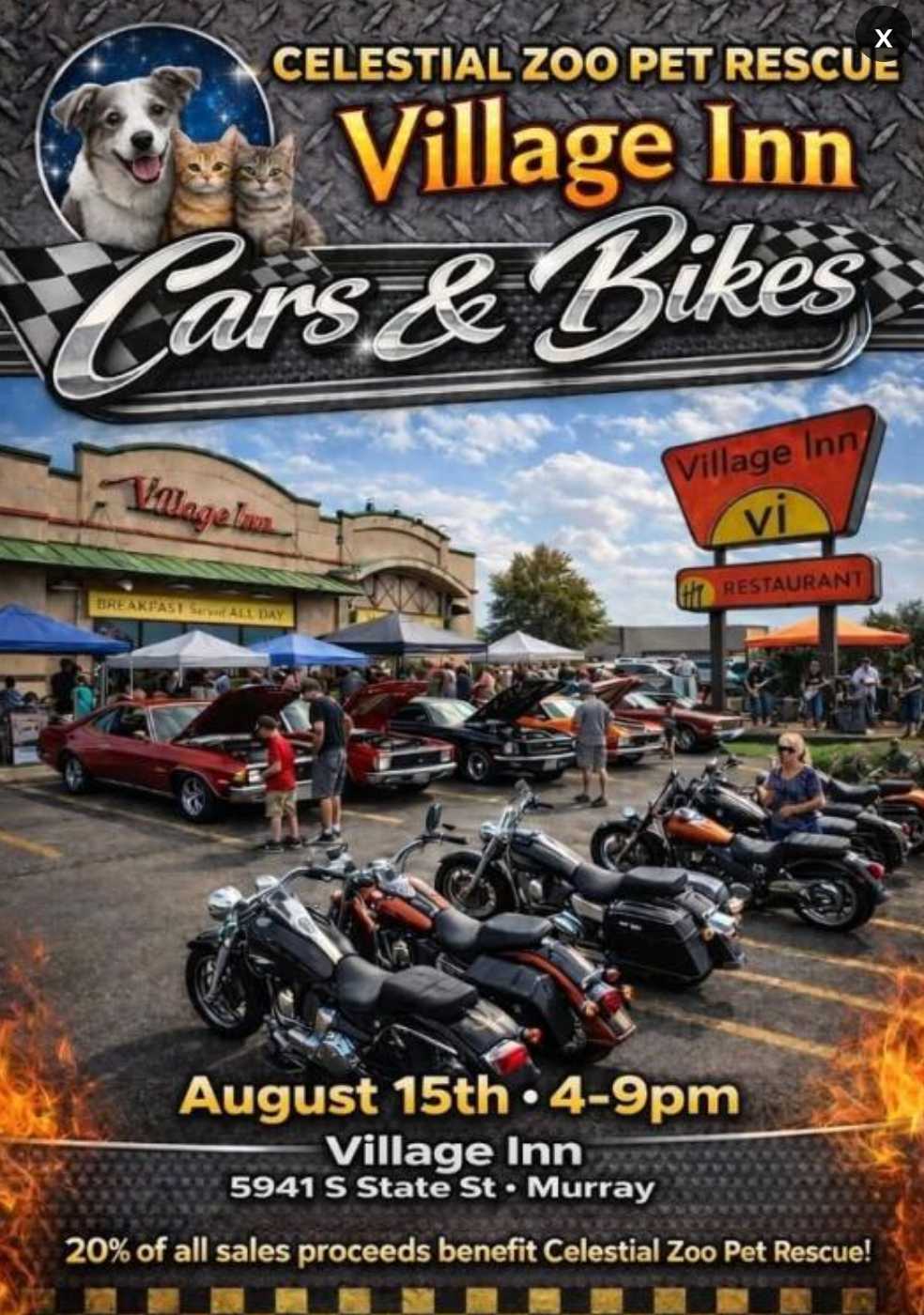 Classic cars and custom motorcycles gathered for the Celestial Zoo Pet Rescue Cars & Bikes event at Village Inn in Murray, Utah.