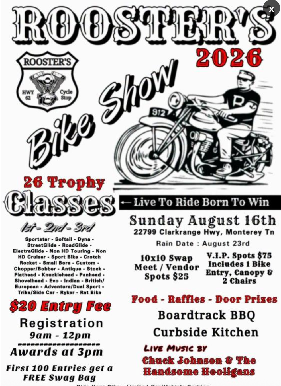 Custom motorcycles on display during Rooster's Bike Show at Rooster's Cycle Stop in Monterey, Tennessee.