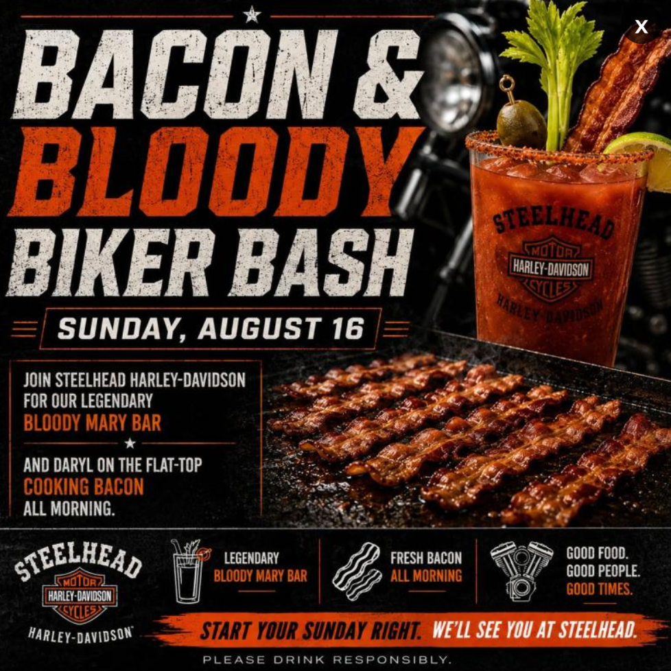 Riders gathered outside Steelhead Harley-Davidson during the Bacon & Bloody Biker Bash in Tigard, Oregon.