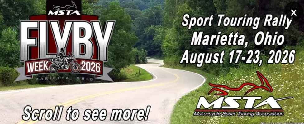 Sport-touring motorcycles gathered during MSTA FlyBy Week 2026 in Marietta, Ohio, before scenic rides through the Appalachian region.
