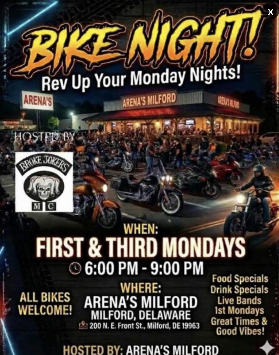 Motorcycles parked outside Arena's during Broke Jokers Bike Night in Milford, Delaware.