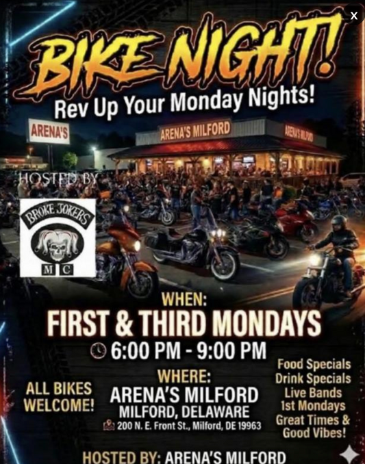 Motorcycles parked outside Arena's during Broke Jokers Bike Night in Milford, Delaware.