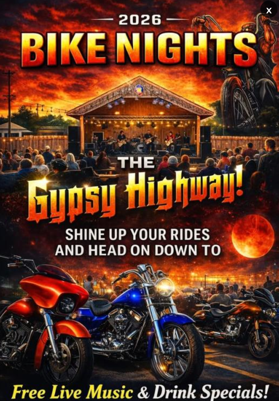 Motorcycles gathered at Bike Night #4 at The Gypsy Highway in Davenport, Iowa.