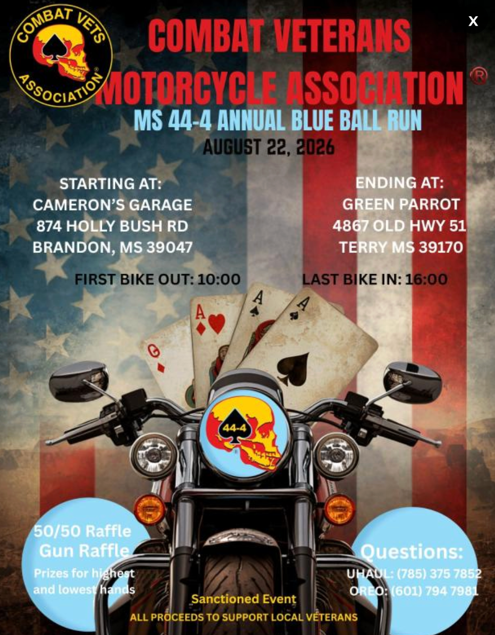 Motorcycles gathering for the CVMA Annual Blue Ball Run at Cameron's Garage in Brandon, Mississippi.