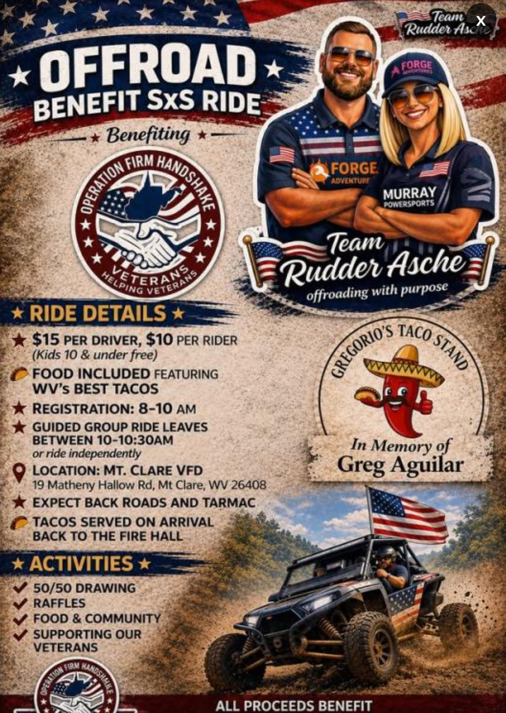 Off-road enthusiasts gathering for the Off-Road Veteran Benefit SxS Ride in Mount Clare, West Virginia.