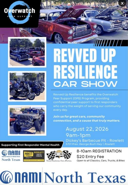 Motorcycles, cars, and trucks at the Revved Up Resilience Show in Rowlett, Texas.