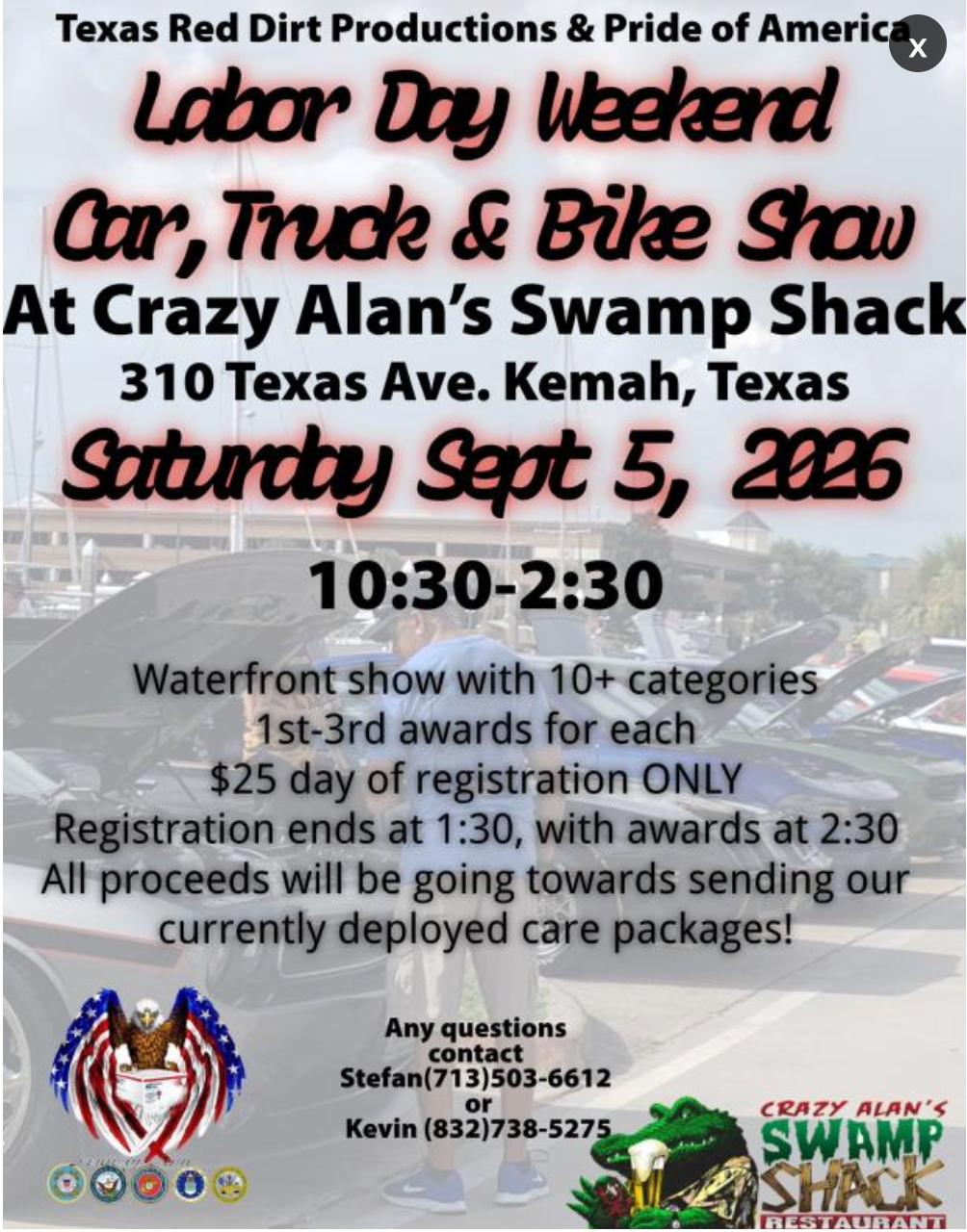 Labor Day Weekend Car, Truck & Bike Show at Crazy Alan's Swamp Shack in Kemah, Texas.