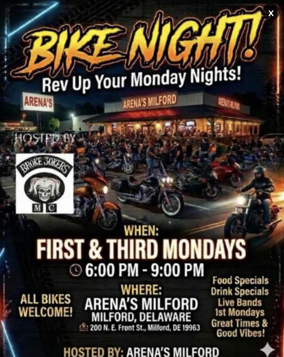 Broke Jokers Bike Night at Arena's in Milford, Delaware, on September 7, 2026.