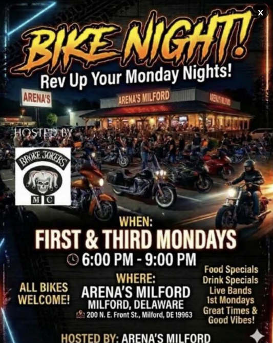 Broke Jokers Bike Night at Arena's in Milford, Delaware, on September 7, 2026.