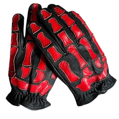 Skeleton Leather Motorcycle Gloves - Black and Red